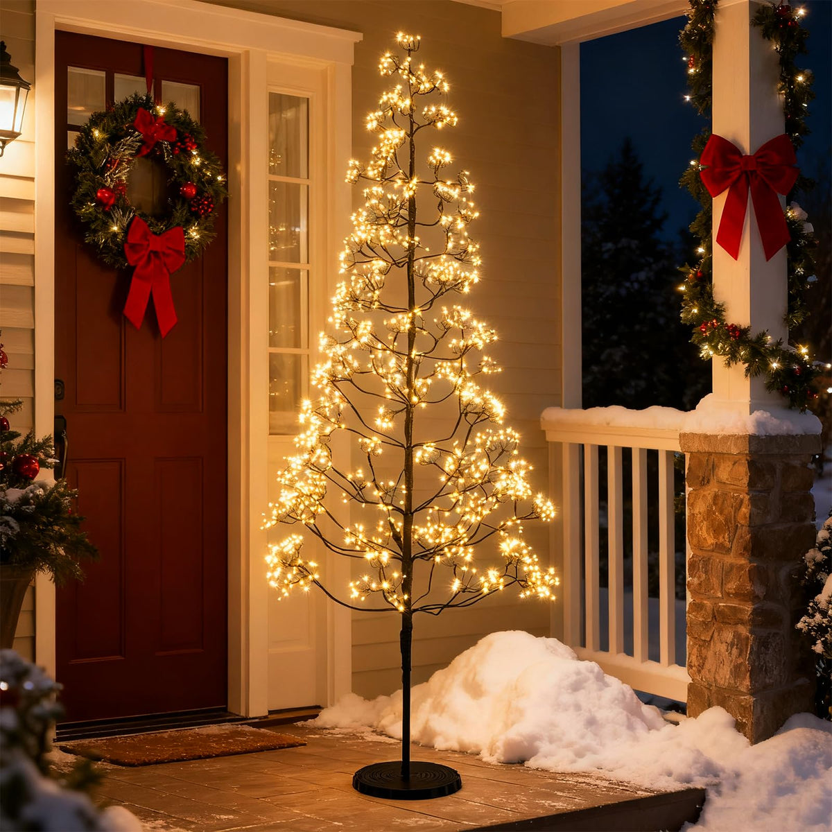 Lucktree 5/6/7 FT LED Alpine Tree with 1000 Warm White LED Lights, Pre-lit Artificial Cedar with Weighted Base
