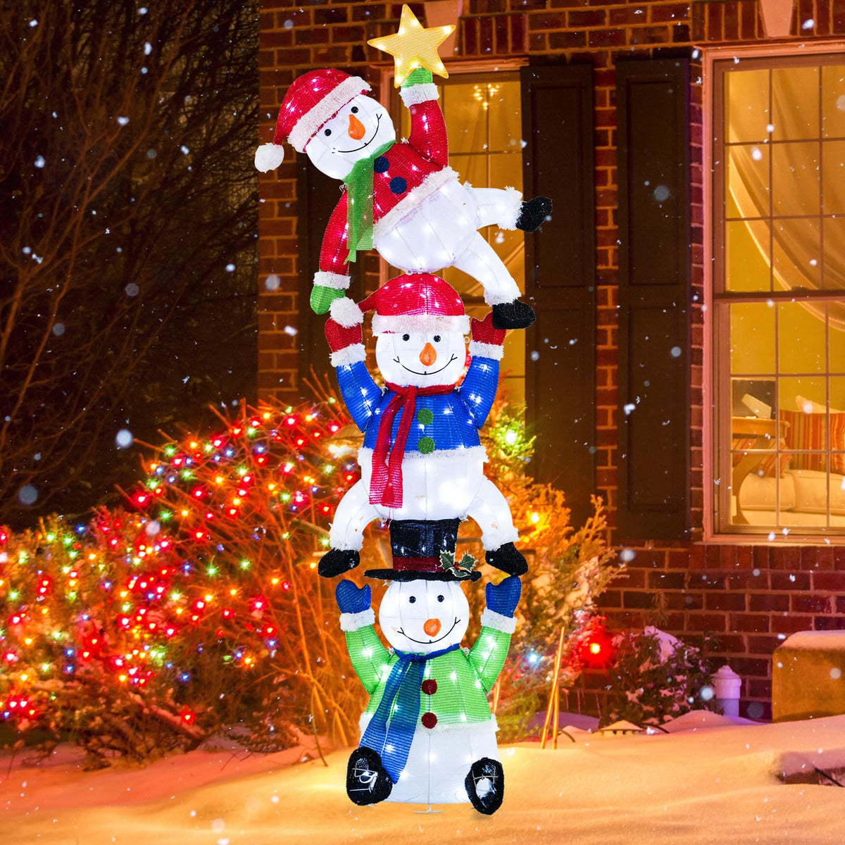Lucktree 6 ft Christmas Stacked Snowman, 3D Pre-Lit Snowman Decoration w/ 155 LED Lights