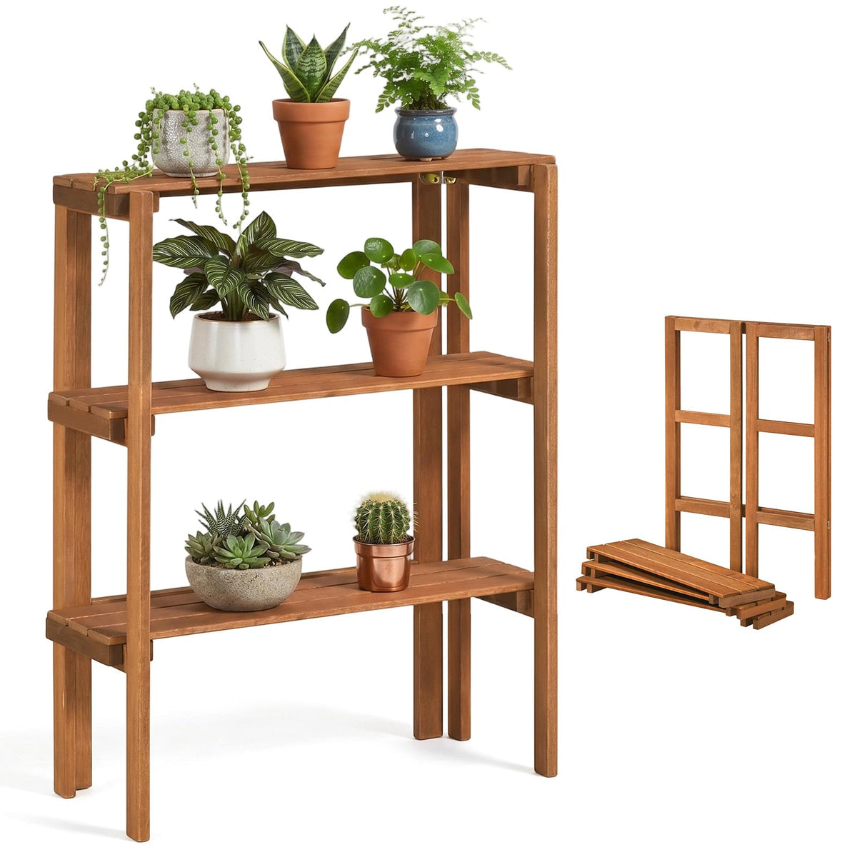 Lucktree 3-Tier Foldable Solid Wood Indoor Outdoor Flower Pot Display Rack