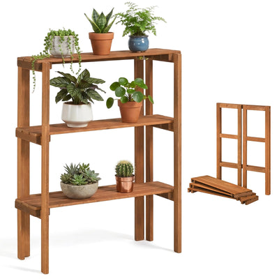Lucktree 3-Tier Foldable Solid Wood Indoor Outdoor Flower Pot Display Rack