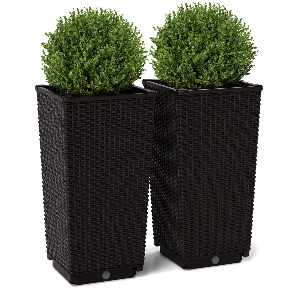 Lucktree Set of 2 Outdoor Wicker Flower Pot, 23 Inch Tall Planters with Drainage Hole, Self-Watering Tray