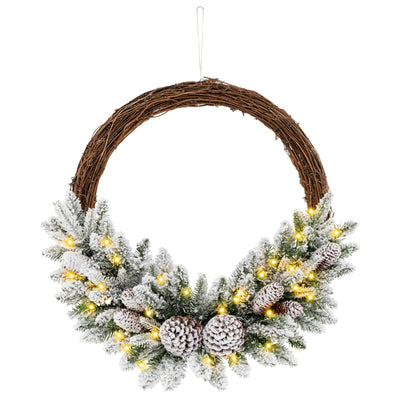 Lucktree 24” Pre-Lit Artificial Christmas Wreath, Snow Flocked Xmas Wreath with 35 Battery Operated Warm White LED Lights