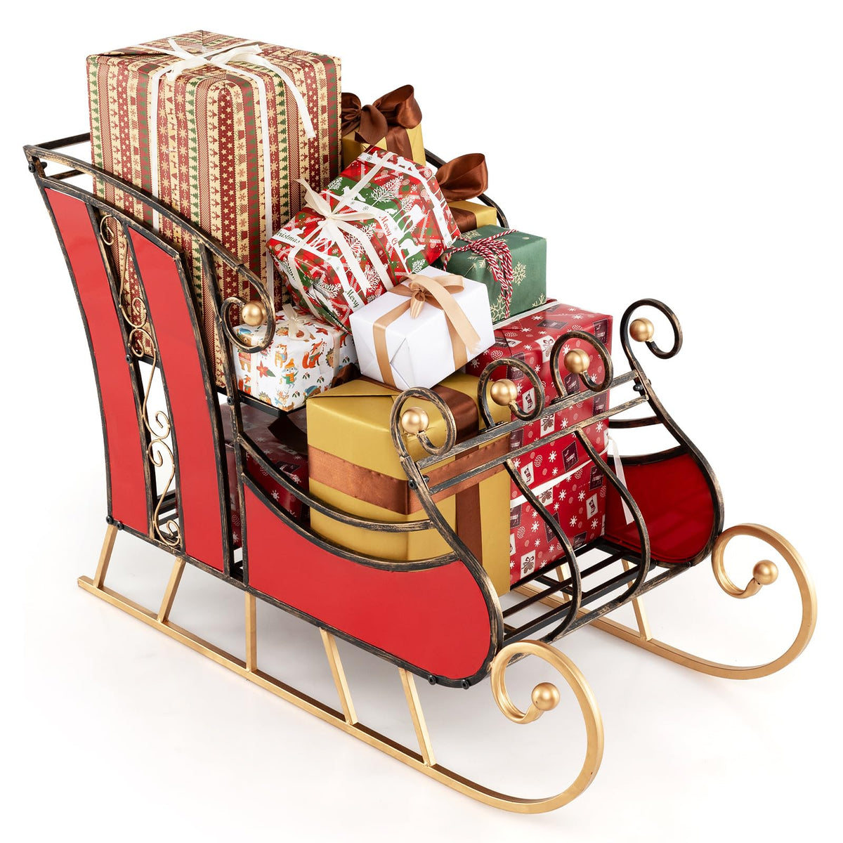 Lucktree Metal Christmas Santa Sleigh Basket, Xmas Festival Holiday Decorative Santa’s Sleigh with 2-Tier Storage Shelf