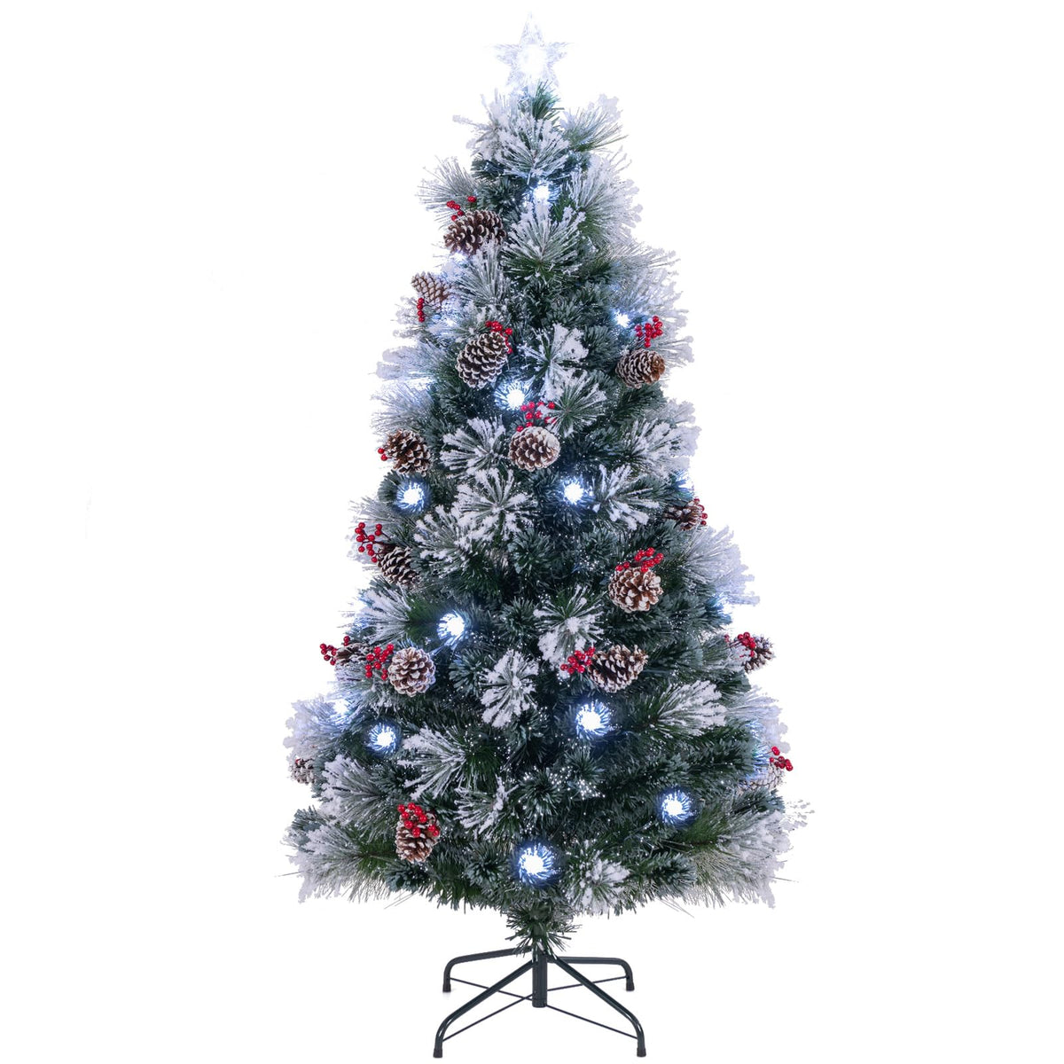 Lucktree Pre-lit Fiber Optic Christmas Tree, Artificial Snowy Xmas Tree with 49 Cool White LED Lights