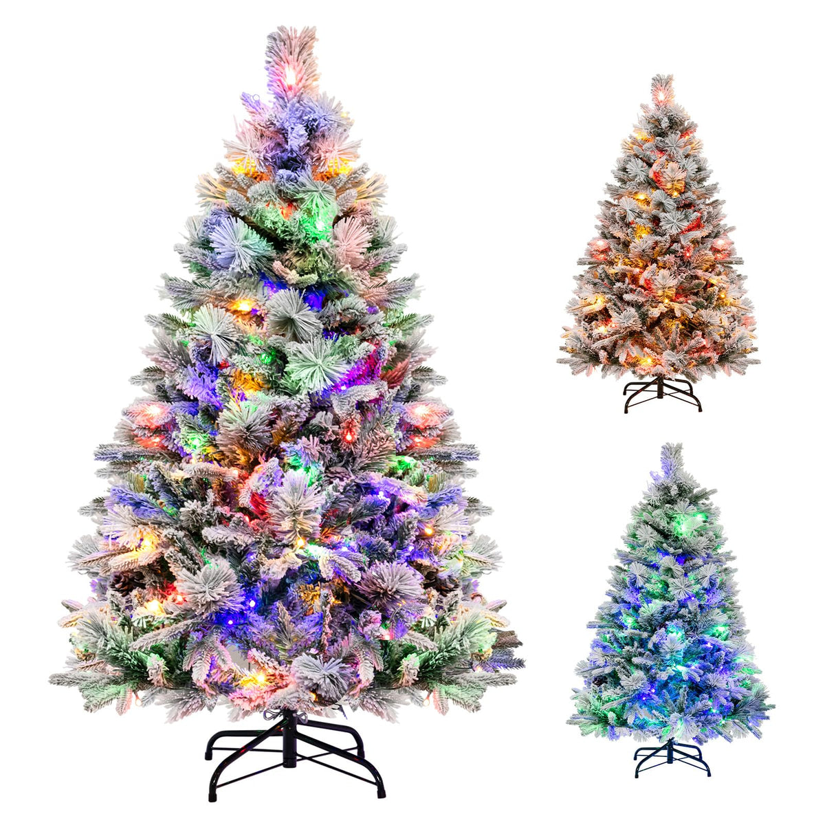 Lucktree Pre-Lit Snow Flocked Christmas Tree, Artificial Hinged Xmas Tree with 160 Multi-Color LED Lights