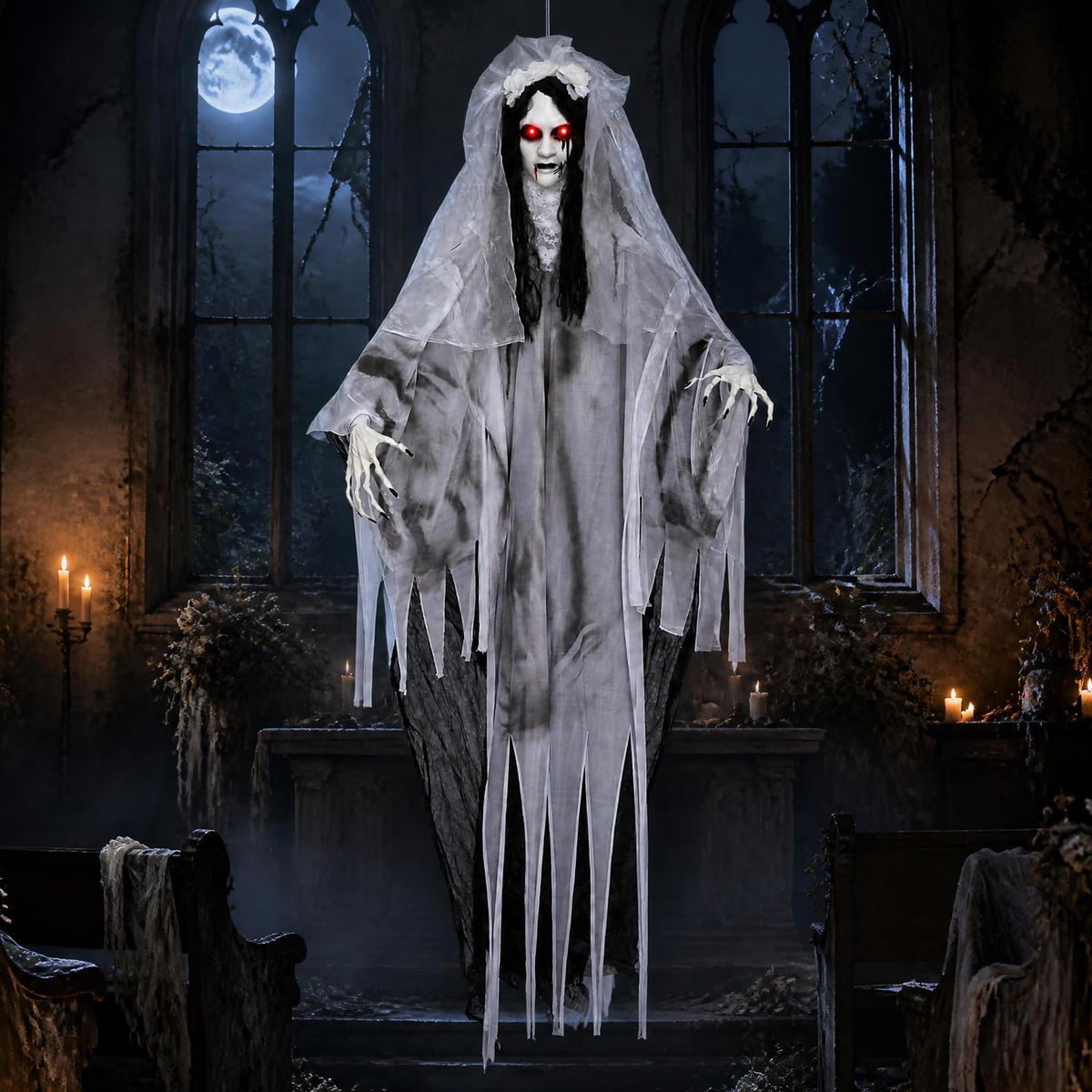 Lucktree 6 FT Animated Halloween Ghost Bride Decoration with Lighted Eyes