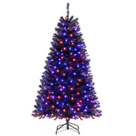 Lucktree 6/7/8 FT Pre-Lit Black Halloween Tree, Artificial Hinged Christmas Tree with 280/380/500 Orange & Purple LED Lights