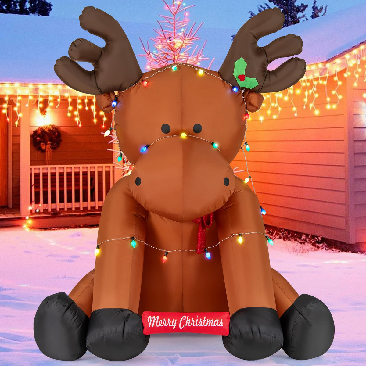 Lucktree 8.5 FT Tall Multi-Color Lighted Xmas Inflatable Reindeer Sitting on The Ground