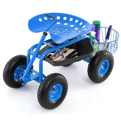 Lucktree Garden Cart, 4-Wheel Gardening Workseat with Storage Basket