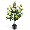 Lucktree 35.5" Artificial Camellia Tree Faux Floral Plant Blooming Tree in Cement Pot