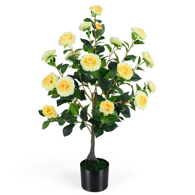 Lucktree 35.5" Artificial Camellia Tree Faux Floral Plant Blooming Tree in Cement Pot