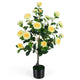 Lucktree 35.5" Artificial Camellia Tree Faux Floral Plant Blooming Tree in Cement Pot