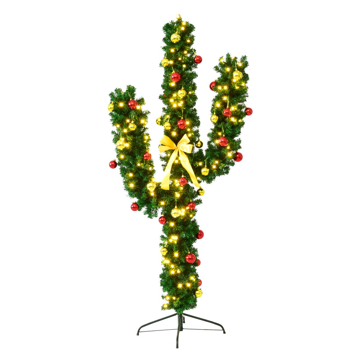 Lucktree Pre-Lit Artificial Cactus Christmas Tree with LED Lights and Ball Ornaments - LucktreeUS
