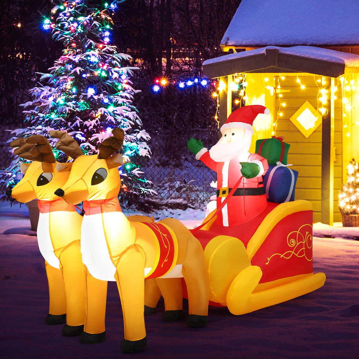 Lucktree 7.5 FT Christmas Inflatable Lighted Santa Claus on Sleigh with Reindeers & Gift Boxes