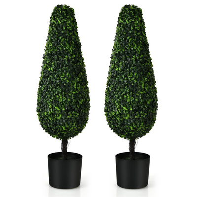 Lucktree 3ft Artificial Boxwood Tower Topiary Trees, 2 Pack Faux Decorative Plants in Cement-Filled Plastic Pot - LucktreeUS