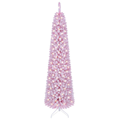 6 FT Pink Flocked Pre-Lit Pencil Christmas Tree with 392 Branch Tips