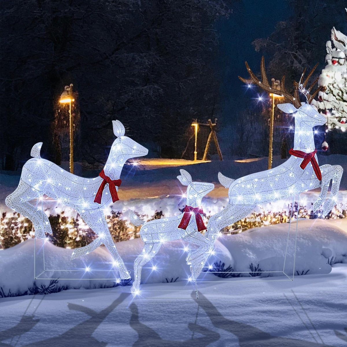 Lucktree 3-Piece Large Lighted Christmas Reindeer Family, Light up Xmas Decorations w/255 LED Lights & Scarves