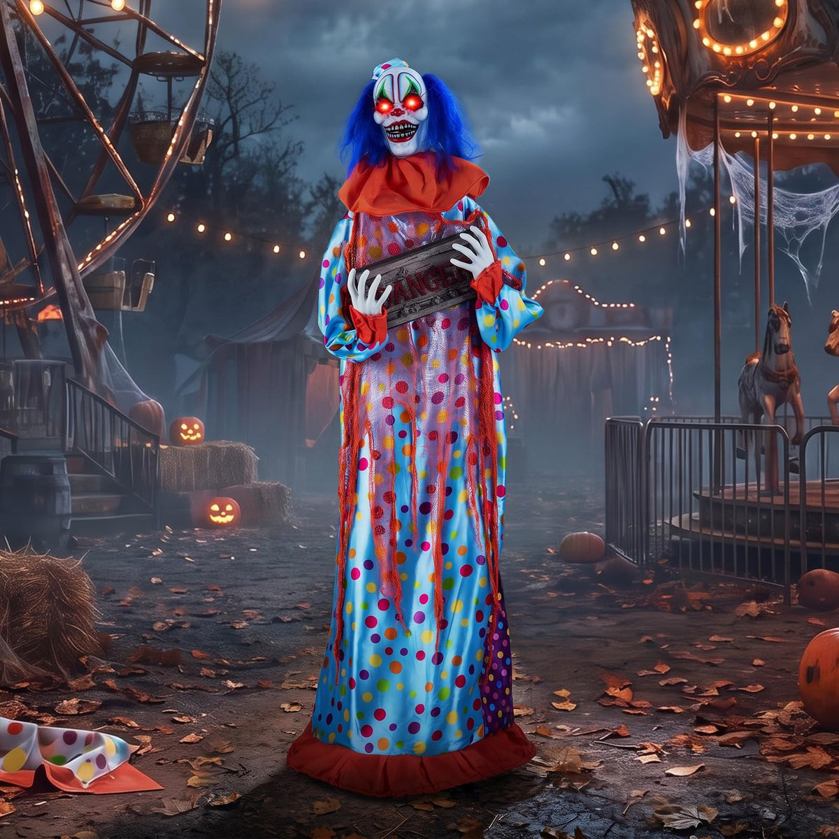 Lucktree 5.6 FT Halloween Animated Clown with Snap-up Head & Glowing Eyes