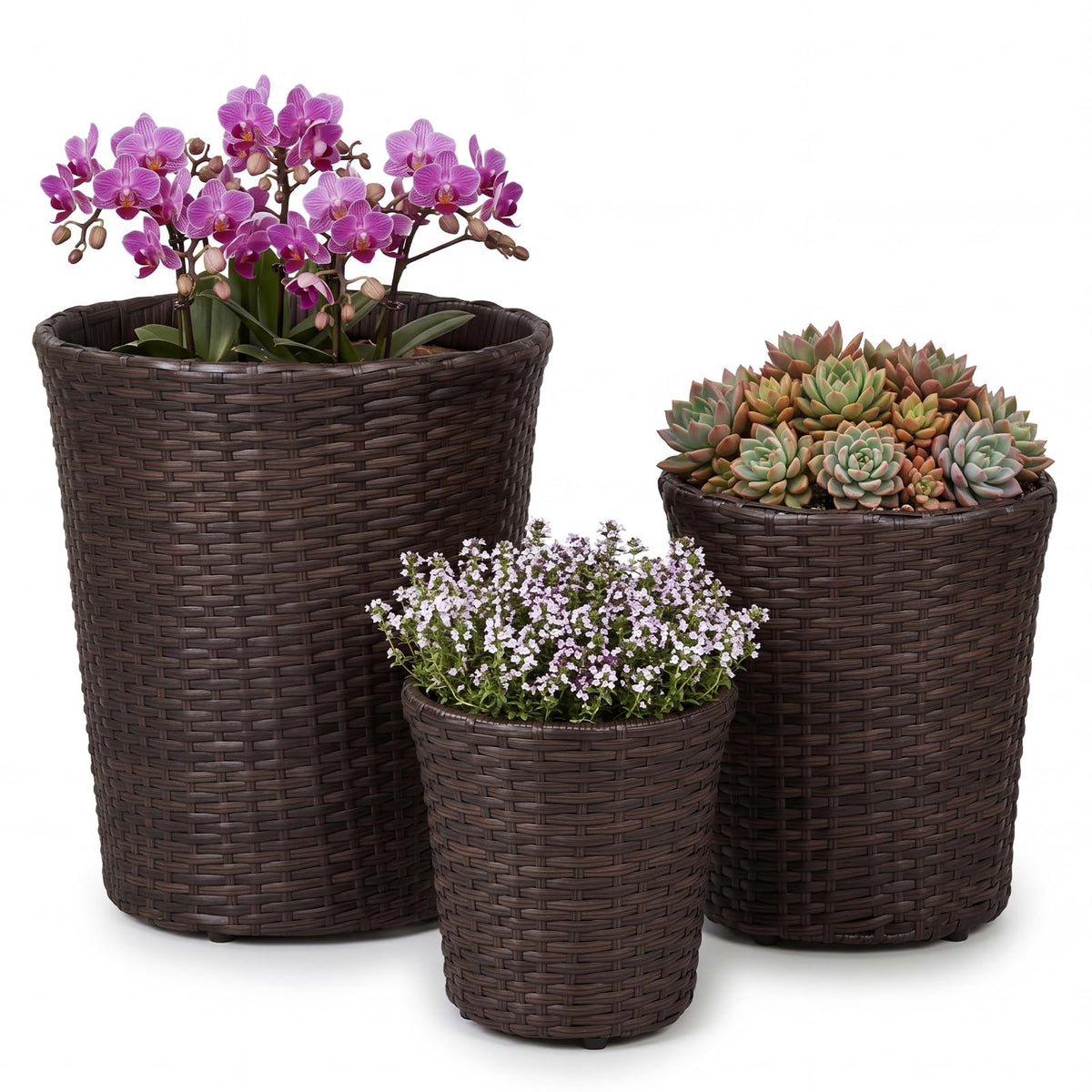 Lucktree Set of 3 Plastic Planters | 14 & 11 & 9 Inch Taper Rattan Planters with Drainage Holes and Saucers