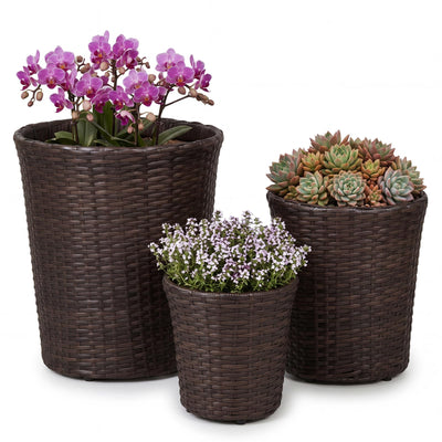 Lucktree Set of 3 Plastic Planters | 14 & 11 & 9 Inch Taper Rattan Planters with Drainage Holes and Saucers