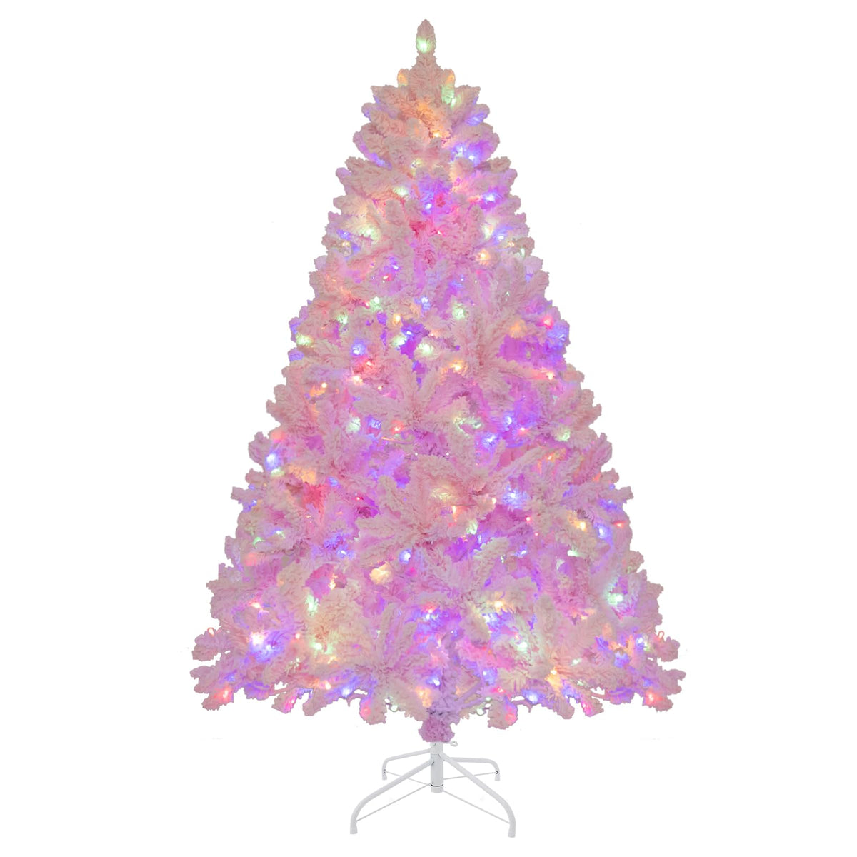 Lucktree 6FT Pink Pre-lit Christmas Tree, Hinged Snow Flocked Artificial Xmas Tree, Seasonal Holiday Decoration for Office Home