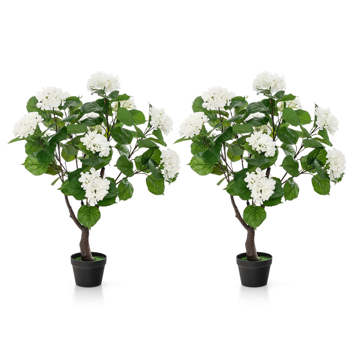 Lucktree Artificial Hydrangea Tree, 2 Pack Fake Floral Plant w/11 White Flowers & Realistic Trunk in Plastic Nursery Pot