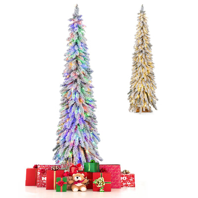 Lucktree 6ft Pre-Lit Flocked Christmas Tree, Artificial Slim Pencil Xmas Tree with 250 LED Lights