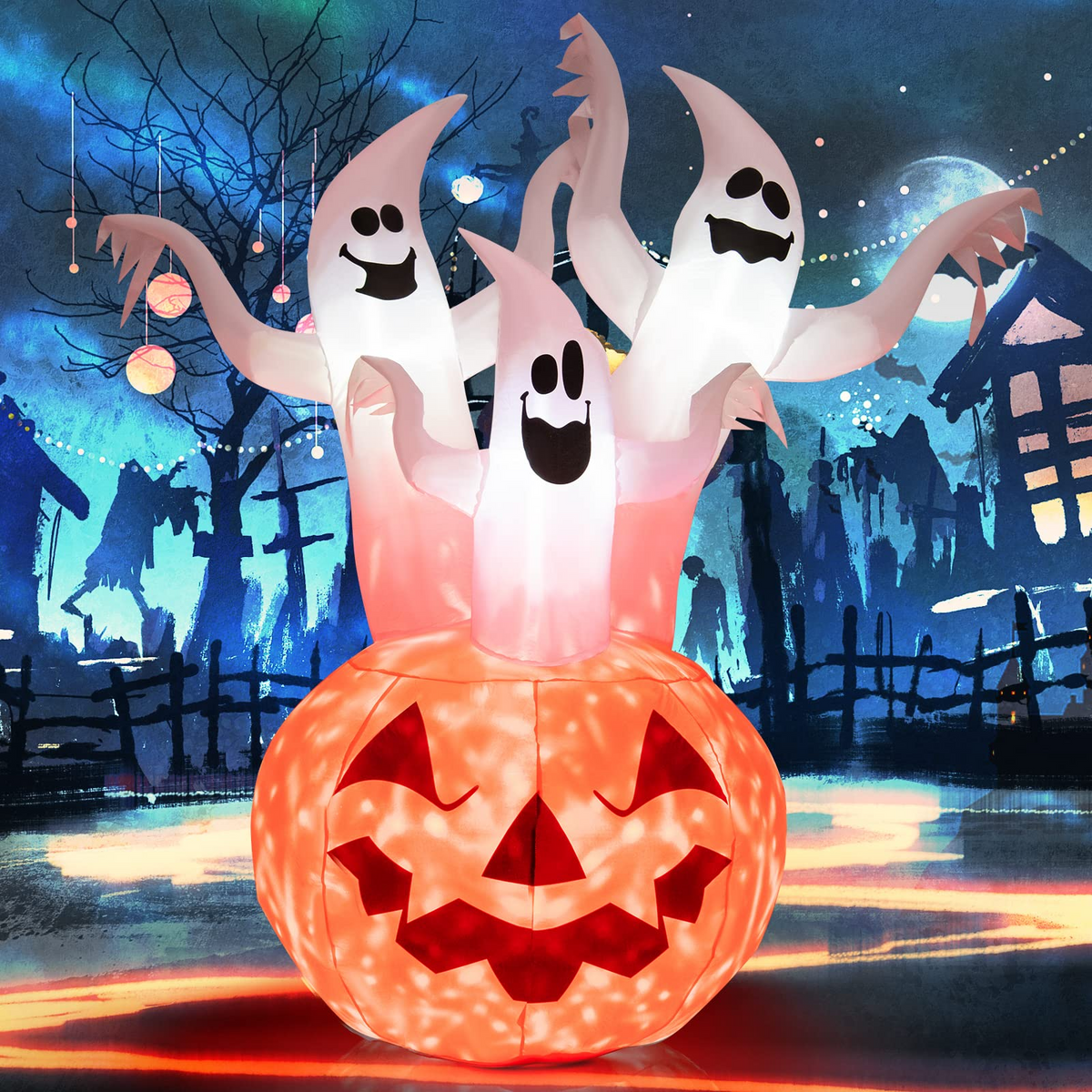 Lucktree 6 FT Inflatable Halloween 3 White Ghosts with Pumpkin, Blow-up Yard Decoration with Built-in LED Lights & Rotating Lamp