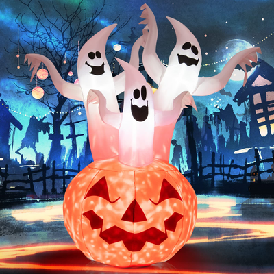 Lucktree 6 FT Inflatable Halloween 3 White Ghosts with Pumpkin, Blow-up Yard Decoration with Built-in LED Lights & Rotating Lamp