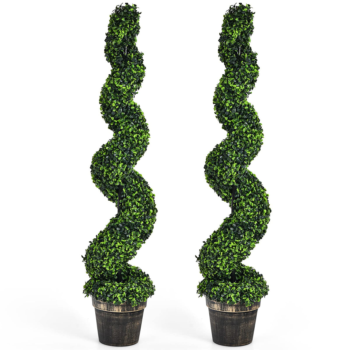 4FT Artificial Spiral Boxwood Topiary Tree Set of 2, Faux Decorative Plants in Cement-Filled Plastic Pot - LucktreeUS