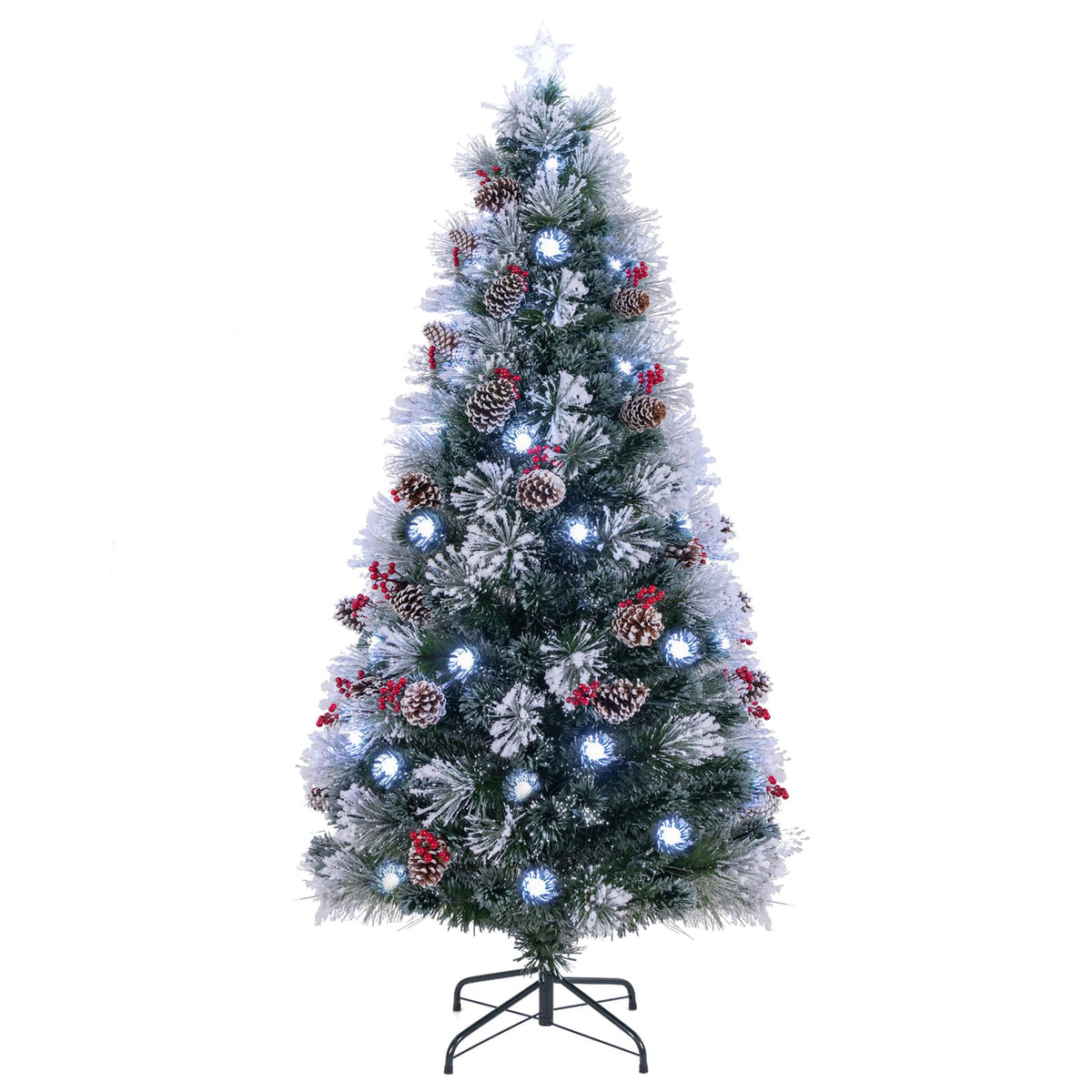 Lucktree Pre-lit Fiber Optic Christmas Tree, Artificial Snowy Xmas Tree with 49 Cool White LED Lights