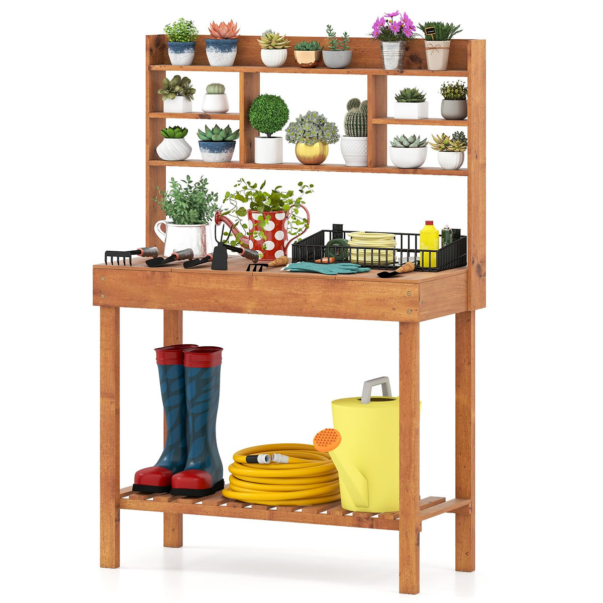 Lucktree Outside Solid Wood Potting Table with Flip-up Tabletop