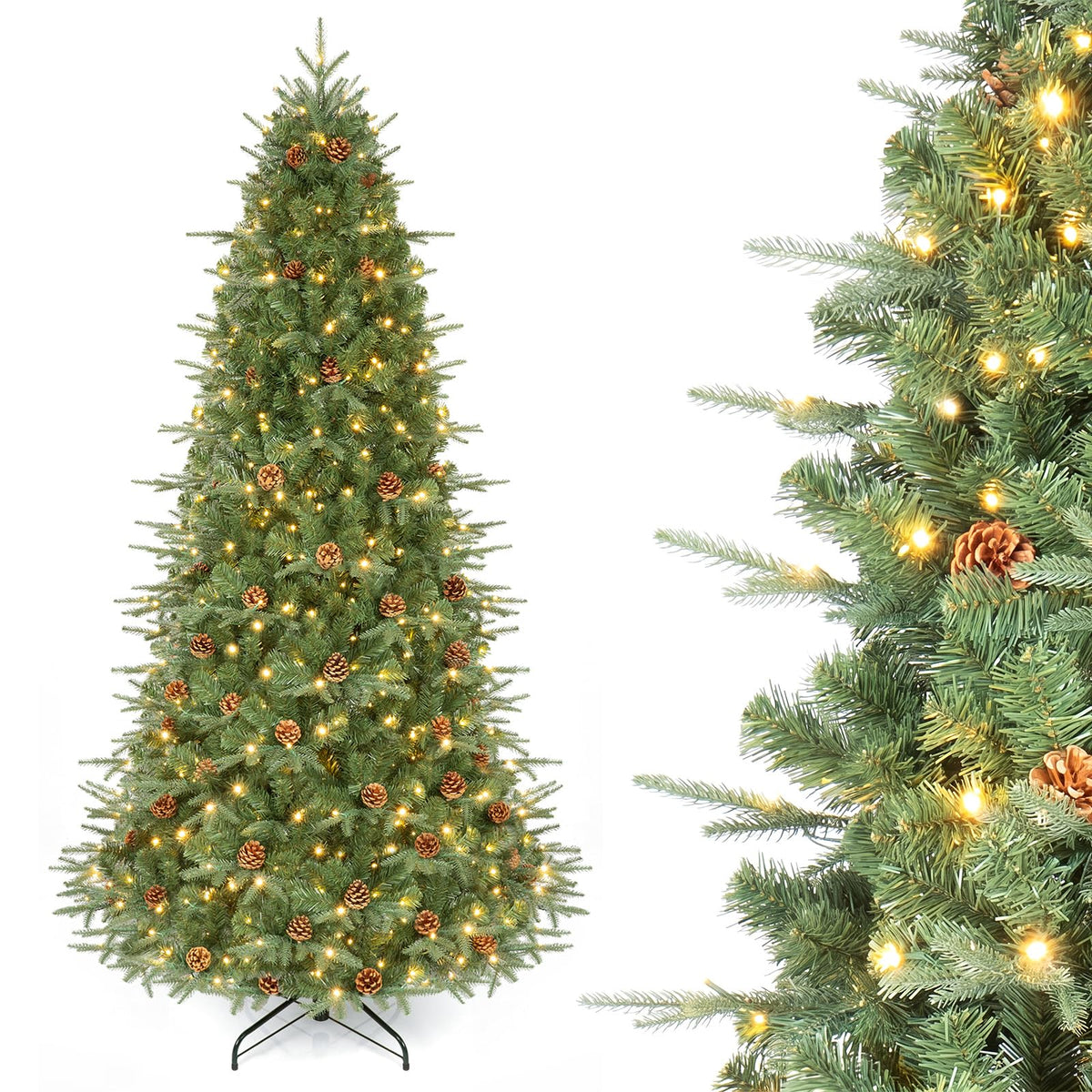 7/7.5/8 ft Pre-Lit Christmas Tree, 925 Hinged Tips with Pine Cones