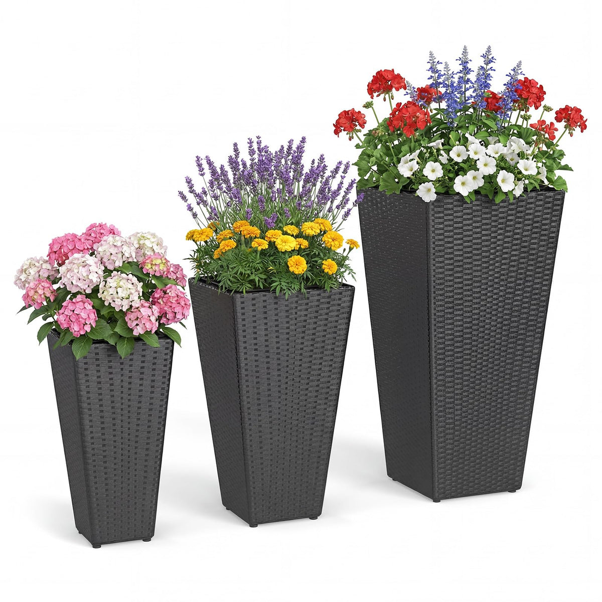 Lucktree 3-Piece Wicker Planters Tapered PP Rattan Plant Boxes with Plastic Flower Pots