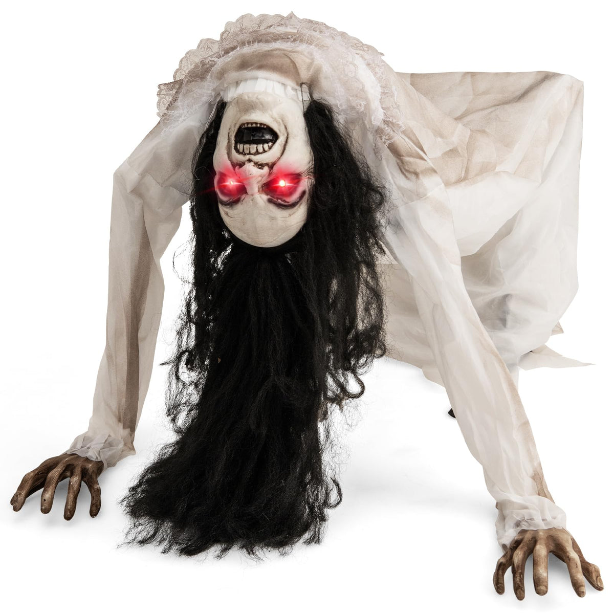 Lucktree Halloween Animated Crawling Woman with LED Eyes, Animatronic Zombie Woman Crawler with Vocally Triggered Sound & Motion Effects
