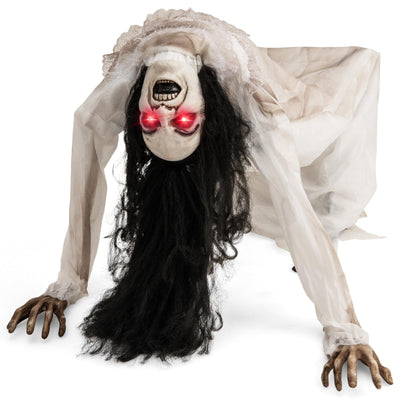 Lucktree Halloween Animated Crawling Woman with LED Eyes, Animatronic Zombie Woman Crawler with Vocally Triggered Sound & Motion Effects