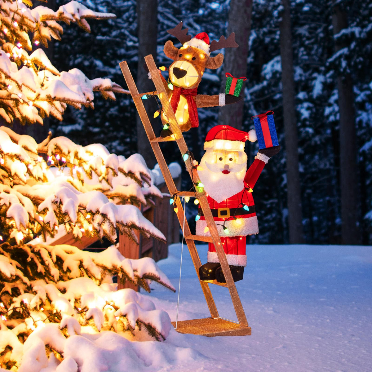 Lucktree 5.5 FT Lighted Reindeer & Santa Claus on Ladder