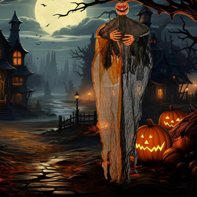 Lucktree 6 Ft Hanging Halloween Decoration, Ghost Pumpkin Man with Red LED Eyes & Posable Arms