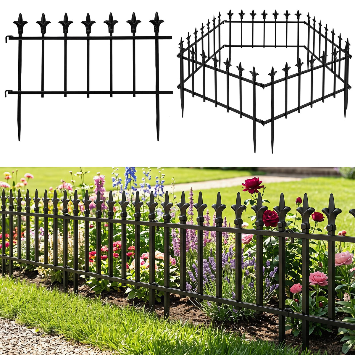Lucktree No Dig Decorative Metal Garden Fence with Fleur-de-Lis Finials