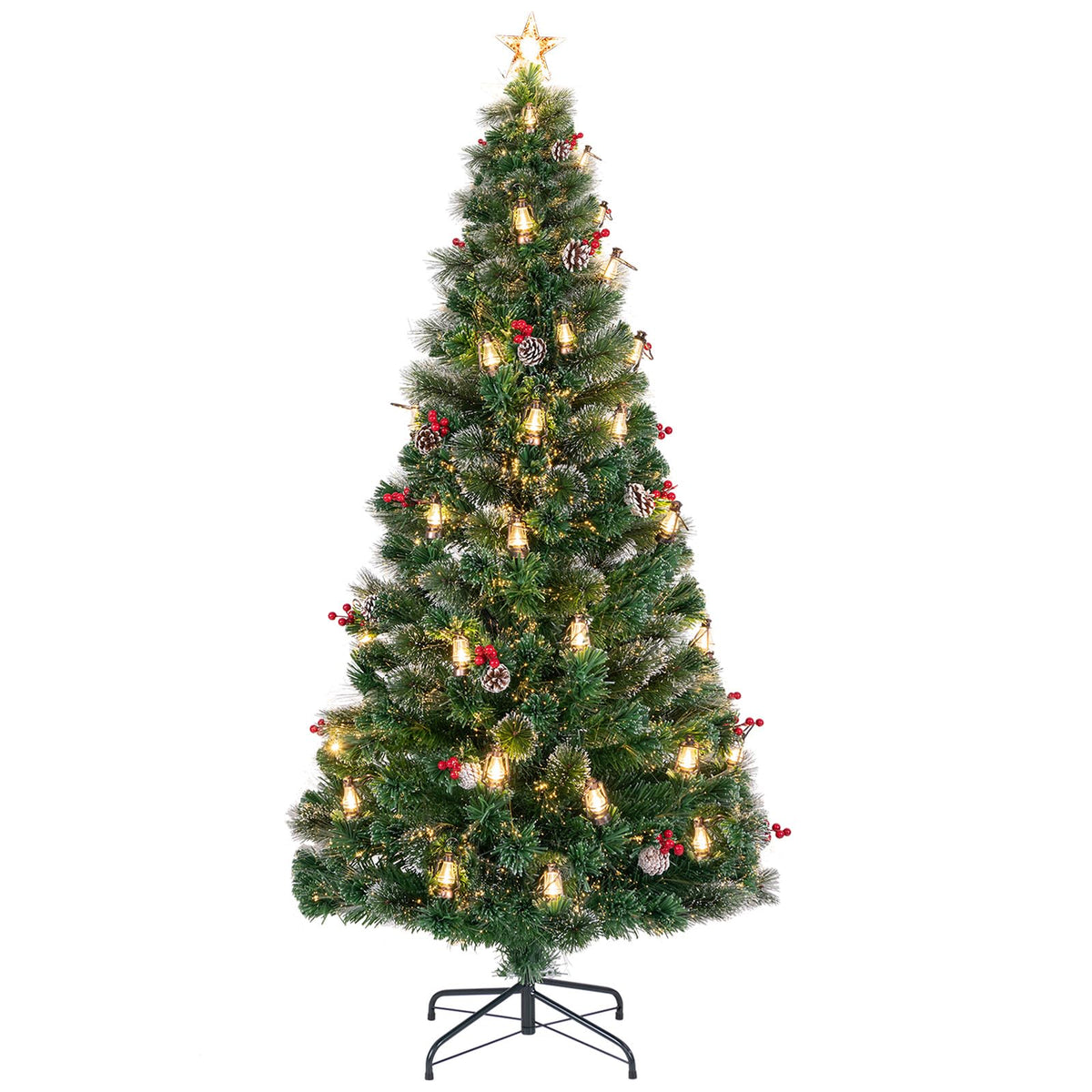 Lucktree Pre-Lit Fiber Optic Christmas Tree, Artificial Snowy Xmas Tree with Warm White LED Lights