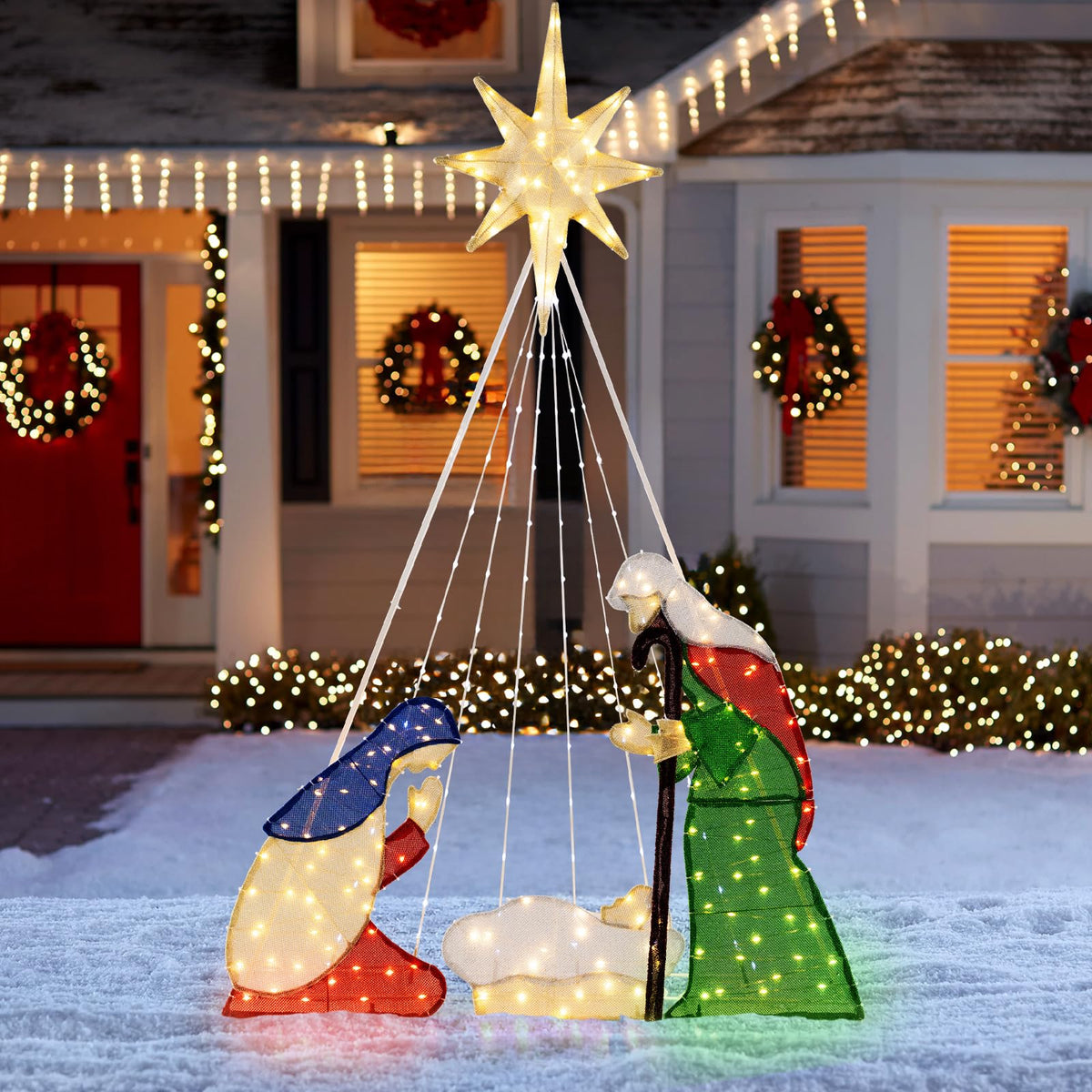 Lucktree 6 FT Lighted Nativity Scene, Holy Family Set Christmas Decoration with 240 LED Lights