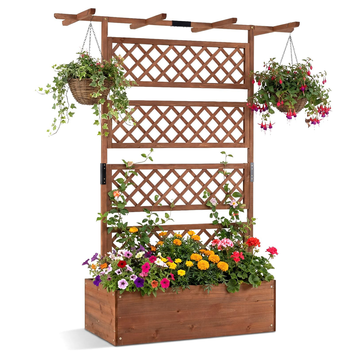 Lucktree 72" Wooden Raised Garden Bed with Trellis w/Privacy Screen Roof