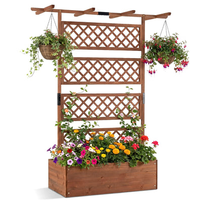 Lucktree 72" Wooden Raised Garden Bed with Trellis w/Privacy Screen Roof
