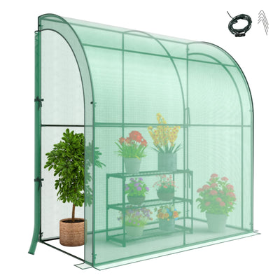 Lucktree Walk-in Lean-to Greenhouse - with 3-Tier Plant Stand, 7’x 3.5’x 7’ Green House, PE Grid Cover
