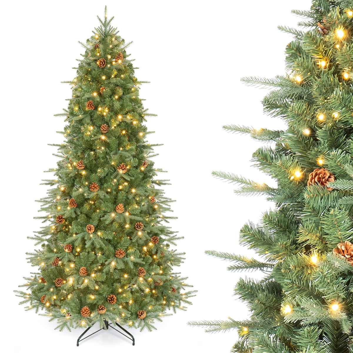 7/7.5/8 ft Pre-Lit Christmas Tree, 925 Hinged Tips with Pine Cones