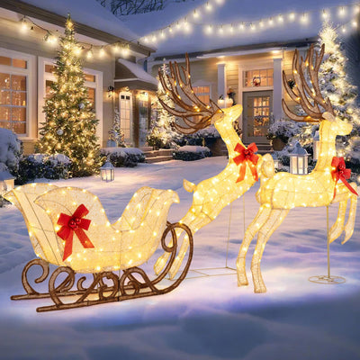 Lucktree 3-Piece Christmas Lighted Reindeer & Sleigh Set