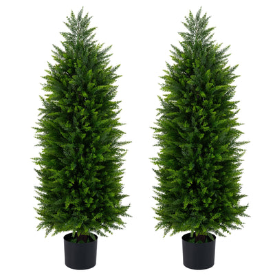Lucktree 4 FT Artificial Faux Cedar Cypress Plants in Cement-Filled Pots Set of 2