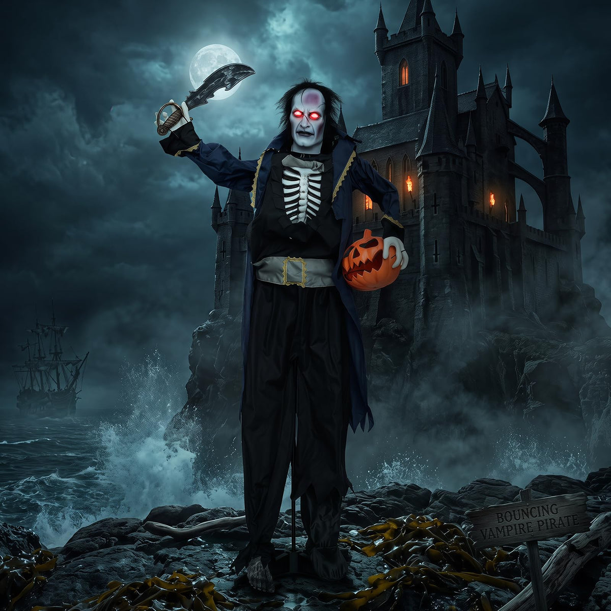 6 FT Animated Halloween Vampire Pirate Decoration with Pop-up Head