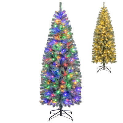 Lucktree 6.5ft Pre-Lit Blue Slim Pencil Christmas Tree with 200 Warm White & Multicolored LED Lights, 9 Modes, 556 Branch Tips