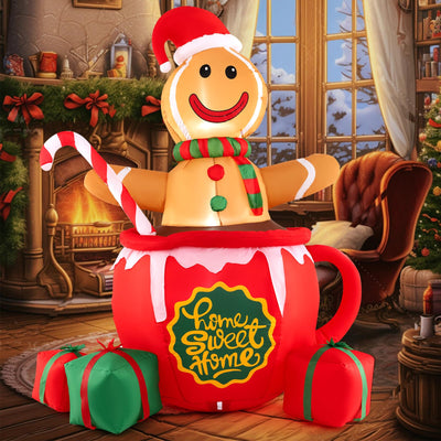 Lucktree 7 Ft Christmas Inflatable, Blow up Pre-Lit Gingerbread Man in Mug with Gift Boxes & Candy Cane